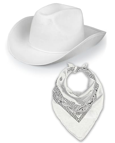 Western Rodeo Cowboyhut mit Paisley Bandana für Herren Damen Cowgirl Cowboy Ranger Sheriff Verkleidung Kostüm Zubehör Set (weißer Hut + weißes Bandana) von Bella Dox