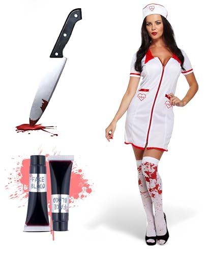 Zombie-Krankenschwester-Kostüm für Damen, Halloween-Kostüm – Krankenschwester-Minikleid + Kopfbedeckung + blutbefleckte Strümpfe + blutiges Messer + 2 x Kunstblut von Bella Dox