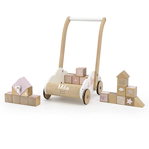 Babygeschenk zum 1. Geburtstag & Geburt Mädchen - Holzspielzeug Lauflernwagen mit Bausteinen rosa | Label-Label | Personalisiert mit Namen von BellasTraum