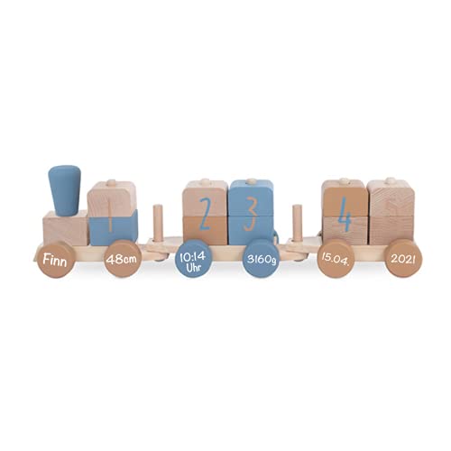 Babygeschenk zur Geburt - Personalisierte Holzeisenbahn Holzzug mit Steckformen blau Junge | Jollein | Personalisiert mit Geburtsdaten und Namen von BellasTraum