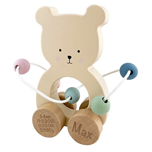 BellasTraum Schiebespielzeug Teddybär mit Motorikschleife braun | Kinder Motorik Holzspielzeug - Personalisierbar mit Name und Geburtsdaten in Lasergravur von BellasTraum