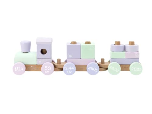 Personalisierbare Holzeisenbahn Holzzug mit Steckformen in rosa mint | BellasTraum | Personalisiert mit Geburtsdaten und Namen von BellasTraum
