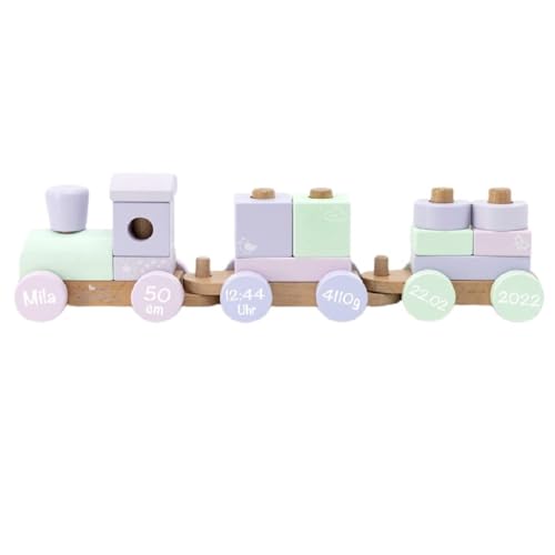 Personalisierbare Holzeisenbahn Holzzug mit Steckformen in rosa mint | BellasTraum | Personalisiert mit Geburtsdaten und Namen von BellasTraum