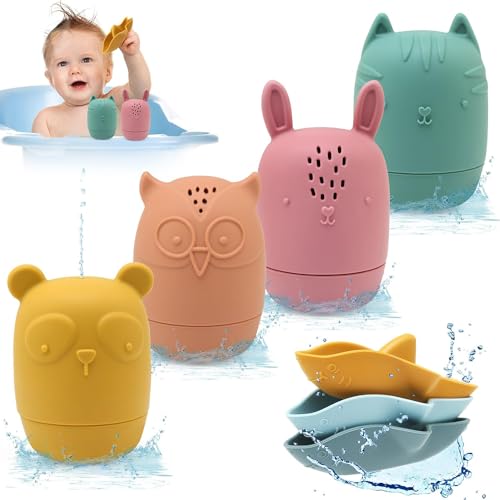 BelleStyle Badewannenspielzeug Badespielzeug Baby Kinder ab 1 2 3 4 Jahr, 7 Stück Silikon Badetiere Wasserspielzeug Spritztiere Schimmelfrei Badewanne Spielzeug Geschenke für Babys Kleinkinder von BelleStyle