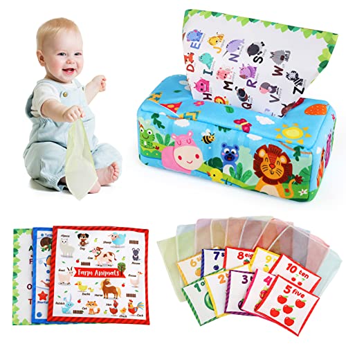 BelleStyle Babyspielzeug Montessori Spielzeug,Interaktive Babyspielzeug Tücherbox mit Farbiges Tuch-Ziehen,Baby Stoffbuch Sensorisches Tuch Montessori Spielzeug Geschenk für Babys 6-36 Monate von BelleStyle