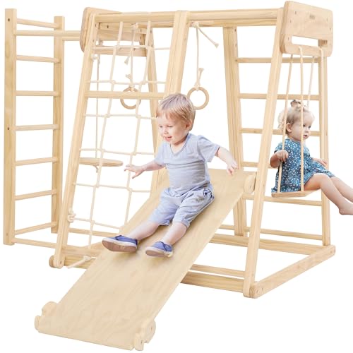 Belleur Indoor-Klettergerüst für Kleinkinder 8 in 1, Holz-Indoor-Spielplatz Montessori Klettergerüst Spielset mit Rutsche Schaukel Kletternetz, Indoor-Spielplatz Kletterspielzeug für Kleinkinder von Belleur