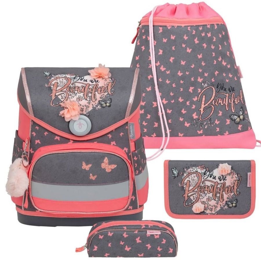 Belmil Schulranzen Set "Compact" (Bloomy Blossom - Herzen und Blumen) für Mädchen ab 1. Klasse Grundschule Einschulung von Belmil