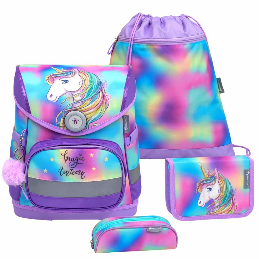 Belmil Schulranzen Set "Compact" (Rainbow Color - Einhorn mit Regenbogenmähne) für Mädchen ab 1. Klasse Grundschule Einschulung von Belmil