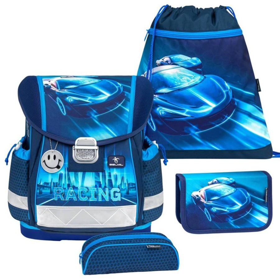 Belmil Schulranzen Set Jungen Racing Neon Blue (Motiv: Rennwagen ) "Classy", ab 1.Klasse Grundschule von Belmil