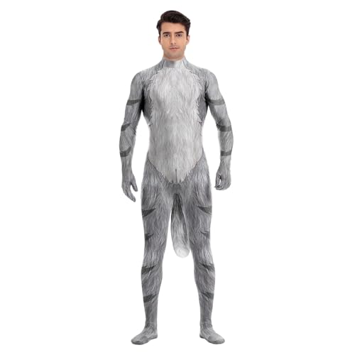 Bemeiren Tier-Body für Herren, Zentai-Elastan-Body mit großem Schwanz, Halloween-Kostüme, Graue Katze, Medium von Bemeiren