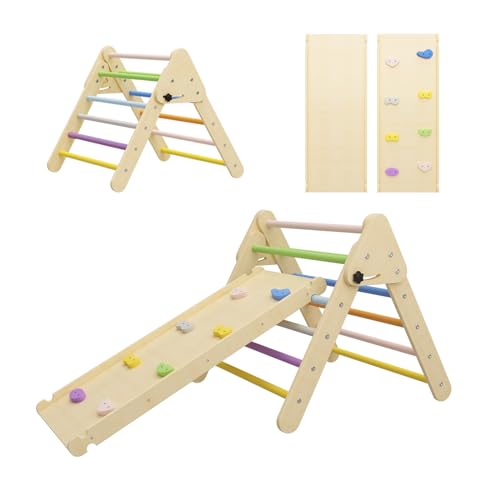 BenaRita Dreieck-Klettergerüst 2 in 1 Regenbogen Klettergerüst Set für den Innenbereich Faltbares Montessori Kletterdreieck aus Holz mit Rutschrampe für Kleinkinder und Kinder von BenaRita