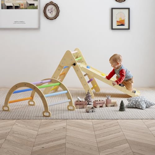 Benarita Kleinkind Regenbogen Dreieck Kletterer Set,3 in 1 Hölzernes Kletterspielzeug Montessori Spielzeug für Jungen Mädchen,Indoor-Klettergerüst für Kleinkinder von 1-3 Jahren von Benarita