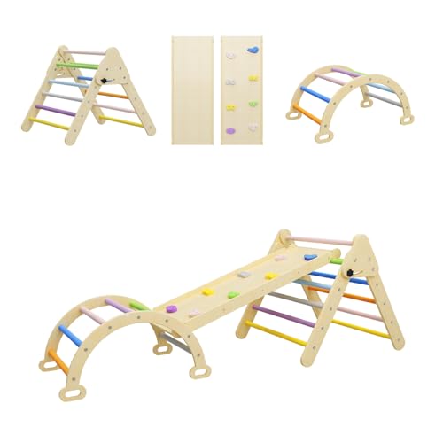 Benarita 3-in-1 Montessori Klettergerüst Set, Kleinkind-Kletterspielzeug, Klappbare Kletterleiter mit Rampe & Bogen, Indoor-Kletterset für Kinder, hölzernes Klettergerüst zum Rutschen oder Klettern von Benarita