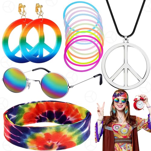 Benaton 15 Stück Hippie Kostüm Accessoires, Retro Hippie Verkleiden Sich für Damen und Herren, Buntes Hippie accessoires, Hippie Kostüm Set 60er 70er Jahre, Hippie Brille Friedenszeichen von Benaton