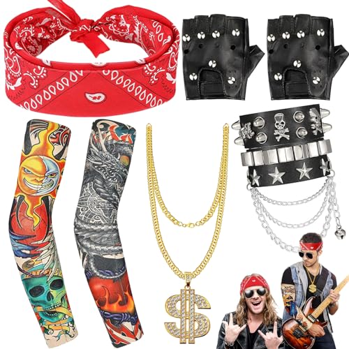 6 Stücke Punk Gotik Rocker Kit, 80er 90er Hip Hop Kostüm Set, Mit Punk Kette Lederarmband Tattoo Ärmel Handschuhe Nieten Punk Schwarze Sonnenbrille, Für Männer Frauen Punk Rocker Party Cosplay von Benaton