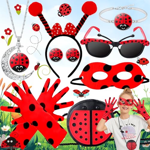 Benaton 10 Stück Cartoon Marienkäfer Kostüm, Kinder Faschingskostüm Marienkäfer, Marienkäfer Cosplay Kinder, Mädchen Ladybug Kostüm, Ladybug Schultertasche Haarbänder Brille Handschuhe Schmuck von Benaton