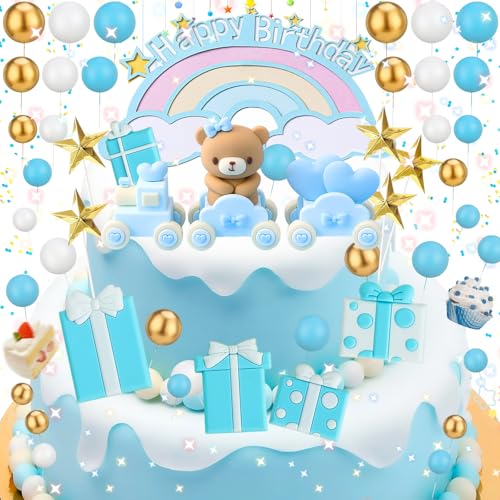 Benaton 32 Stücke Blau Teddybär Kuchen Dekoration Set, Bär Blau Zug Baby Bär Zug Geburtstagstorte Deko, Teddybär Taufe Tortendeko Junge Mädchen, Kuchen Dekoration Bär Babydusche, Für Geburtstag Party von Benaton