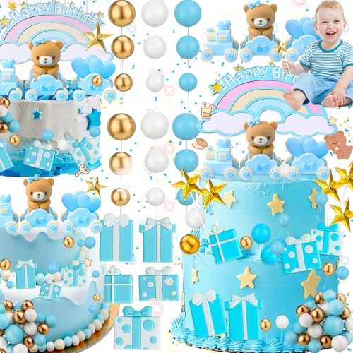 Benaton 32 Stücke Blau Teddybär Kuchen Dekoration Set, Bär Blau Zug Baby Bär Zug Geburtstagstorte Deko, Teddybär Taufe Tortendeko Junge Mädchen, Kuchen Dekoration Bär Babydusche, Für Geburtstag Party von Benaton