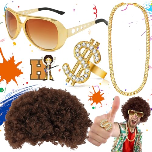 Benaton 4 Stück Hippie Kostüm Perücke Zubehör, Disco Hippie Perücke Set, Hippie Kostüm Set Funky Afro Perücke Sonnenbrille Halskette Für 50/60/ 70 Jahre Thema Party von Benaton