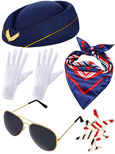 Bencailor 7 Stück Damen Flugbegleiterin Kostüm Zubehör Stewardess Outfits Set Flugbegleiterin Hut Air Hostess Sonnenbrille Schal Handschuhe Flugzeug Brosche Pin Cosplay Zubehör für Erwachsene Teenager von Bencailor