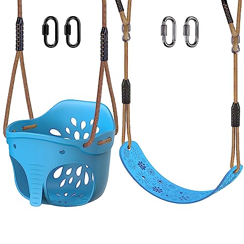 BeneLabel 2er Schaukelsitz, Weichen Garten Spielplatz Schaukel Kinderschaukel Brettschaukel Schaukelbret 1.4-2M Seil & Lockset Karabiner für Kleinkind/Kind, Elefanten & Blumenausschnitt, 600lbs, Blau von BeneLabel