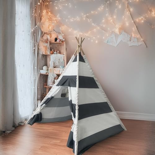 Benebomo Teepee Kinder Spielzelt, Tipi-Zelt, Kinderzelt für drinnen,Grau und weiß Gestreift,140 cm Höhe, mit Fenster, für Kinderzimmer von Benebomo