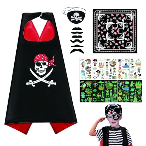 14 Pcs Piratenkostüm Kinder Piraten Kostüm Umhang Zubehör mit Piraten Bandana Augenklappe Tattoo Aufkleber Bärte Piraten Cosplay Umhang Cape für Jungen Piratenpartys Halloween Karneval Rollenspiel von Beneony