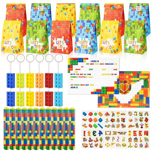 84Pcs Bausteine Kindergeburtstag Mitgebsel Bausteine Geschenktüten Kindergeburtstag, Einladungskarten, Schnapparmband, Schlüsselanhänger, Tattoo Aufkleber Building Block Party Gastgeschenk Kinder von Beneony