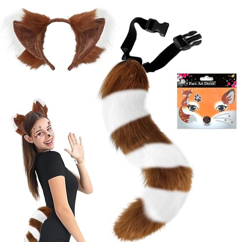 Beneony Fuchs Kunstpelz Schwanz mit Kunstfell Fuchsohren Haarreif Gesicht Aufkleber Halloween Fasching Karneval Masquerade Cosplay Kostüm für Damen Mädchen von Beneony