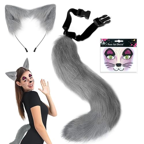 Beneony Katzenohren und Schwanz Set Katze Schwanz Erwachsene kinder mit Katzenohren Haarreif Gesicht Aufkleber Halloween Fasching Karneval Masquerade Cosplay Kostüm für Damen Mädchen (grau) von Beneony