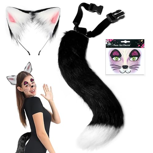 Beneony Katzenohren und Schwanz Set Katze Schwanz Erwachsene kinder mit Katzenohren Haarreif Gesicht Aufkleber Halloween Fasching Karneval Masquerade Cosplay Kostüm für Damen Mädchen (schwarz) von Beneony