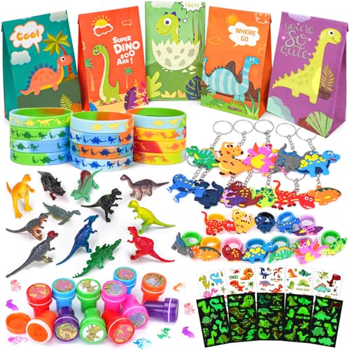 Beneony 89 STK. Dinosaurier Party Mitgebsel Kindergeburtstag Junge Dinosaurier Geschenketüte Mini Dino Figuren Tattoos Schlüsselanhänger Armbänder Ring Stempel Give Aways Kindergeburtstag für Kinder von Beneony