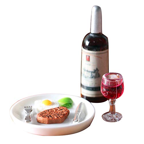 Puppenhaus Dekoration Zubehör, Puppenhaus Möbel, Maßstab 1:12 Puppenhaus Mini Rotwein Steak-Set Miniaturküche Simulation Dekor von Benoon