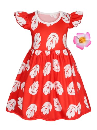 Benylion Lilo Kleid für Mädchen, Hawaii-Prinzessinnen-Kostüm, rotes Lilo-Kostüm für Mädchen, Blattkleid für Kinder, Party, mit Blumen-Haarspange, Halloween-Kostüme, Alter 9–10 Jahre von Benylion