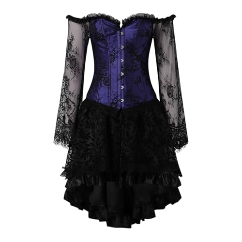 Beokeuioe Damen Gothic Mittelalter Kostüme Steampunk Stahlstäbchen Korsett Kleid Rock Set Vollbrust Kleid Corsage Bustier Korsett Röcke Spitze Lang Asymmetrisch Tüllrock Halloween von Beokeuioe