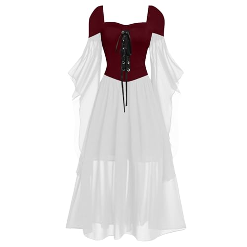 Beokeuioe Damen Mittelalter Kleid mit Trompetenärmel, Renaissance Cosplay Kostüm Karneval Party Halloween Kostüm Traditionelles irisches Kleid für Damen Hexenkostüm Gothic Kleid von Beokeuioe