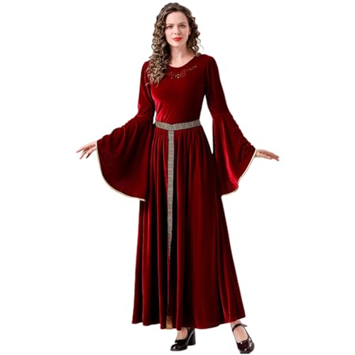 Beokeuioe Damen Renaissance Kleider Retro Stil Vintage Gothic Kostüm Mittelalterlichen Kostüme Goldener Samt Kleid Trompetenärmel für Cosplay Viktorianische Königin Kleider von Beokeuioe