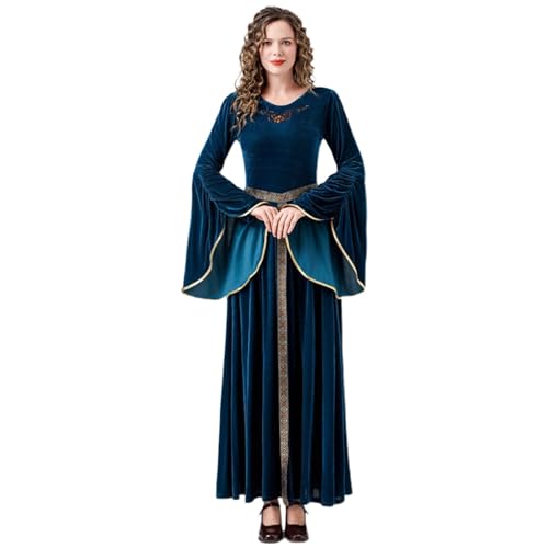 Beokeuioe Retro Stil Vintage Gothic Kostüm Damen Renaissance Kleider Mittelalterlichen Kostüme Goldener Samt Kleid Trompetenärmel für Cosplay Viktorianische Königin Kleider von Beokeuioe