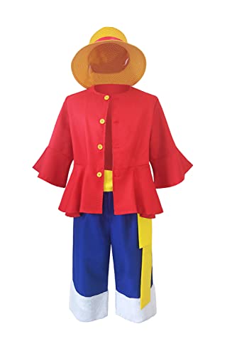 Anime One Piece Monkey D Luffy 2nd Cosplay Kostüm Luffy Shirt Shorts Rote Tops Anzüge mit Hut Halloween Outfits für Erwachsene Männer (Large, Luffy) von Beowyro