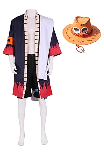 One Piece Ace Cosplay Kostüm Anime Portgas D. Ace Jacke Mantel Reithose Shorts mit Hut Set Anzüge Halloween Outfits für Erwachsene (L, Ace) von Beowyro