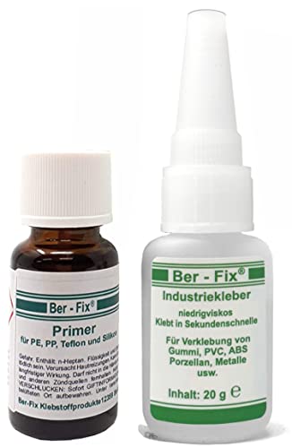 Ber-Fix Kunststoffkleber-Set M: Starker Sekundenkleber mit Primer - Ideal für PP, PE, PTFE, Teflon, HDPE, Silikon - Vielseitig für Holz, Metall, ABS, GFK, Porzellan von Ber-Fix