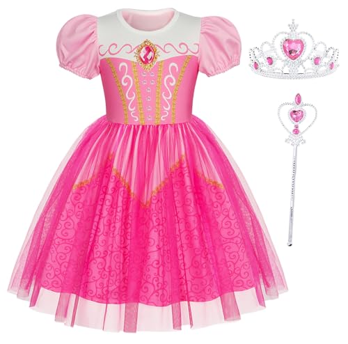 Berich Aurora Kleid mit Krone, Prinzessinnenkostüme für Mädchen, Halloween-Outfits, Weihnachtsgeschenke, Mädchen-Dornröschenkleid, 2–3 Jahre (Rosa, 100) von Berich