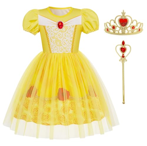 Berich Belle-Kleid mit Krone, Prinzessinnenkostüme für Mädchen, Halloween-Outfit, Weihnachtsgeschenke, Belle-Kostüm, 5–6 Jahre (Gelb, 130) von Berich