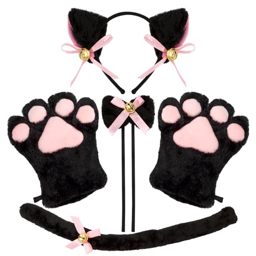 Berkelen Kätzchen Cosplay Set 5 Stück Katze Cosplay Kostüm mit Schwanz Katzenohren Haarreif mit Glöckchen Katzenpfoten Handschuhe für Kinde Erwachsene Halloween Ankleiden Schwarz von Berkelen