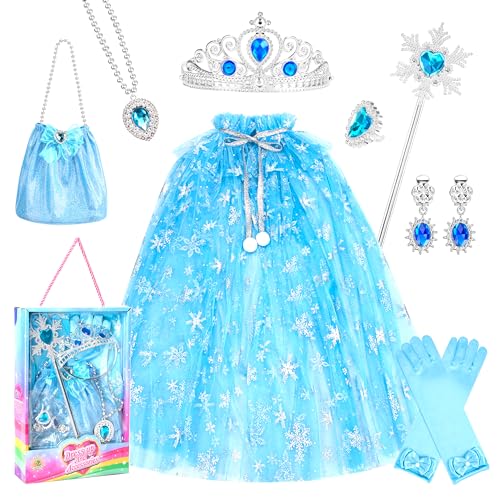 Berkelen Prinzessin Umhang Kinder Mädchen Prinzessin Kostüm mit Krone Zauberstab, Glitzernde Pailletten Prinzessin Cape für Halloween Geburtstag Cosplay Party (Blau) von Berkelen