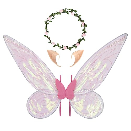 Berkelen Fee Flügel, Feenflügel Damen Mädchen Schmetterlingsflügel Elfenflügel mit Elfenohren und Blumenkranz Cosplay Kostüm Zubehör für Halloween Maskerade Geburtstag Party von Berkelen