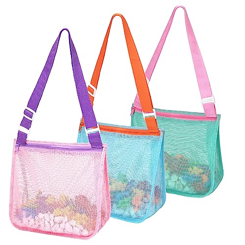 Strandtasche für Kinder 3 Stück Strandspielzeug Tasche Sandspielzeug Tasche Muschel-Sammelbeutel mit verstellbaren Riemen Mesh Beach Bag für Jungen und Mädchen A von Berkelen