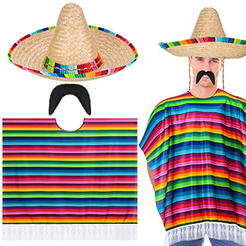 Berlune 3 Stück Cinco de Mayo mexikanischer Fiesta Serape Poncho Kostüm Zubehör mexikanisches Kostüm bunter Stoff mexikanischer Serape Poncho mexikanischer Stroh Sombrero Hut Schnurrbart für mexikanische Partyzubehör von Berlune