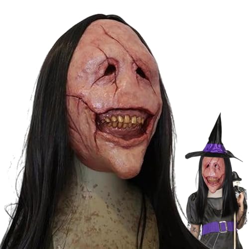 Besreey Halloween Cosplay Gesichtsbedeckung,Halloween Teufel Gesichtsschutz, Horror Halloween Gesichtsbedeckung, Leichte Gesichtsbedeckung mit langen Haaren, festliches Kostüm für Karneval von Besreey