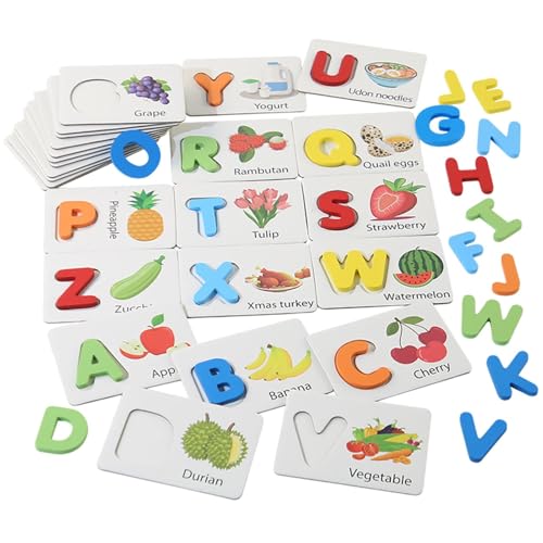 Besreey Holz-Alphabet-Karteikarten, passende Holzbuchstaben-Karte, Passende Alphabet-Puzzlekarten aus Holz, Fruit Cognition Letters blockiert Rechtschreibspielzeug für 3–6 Jahre alte Kinder für die von Besreey